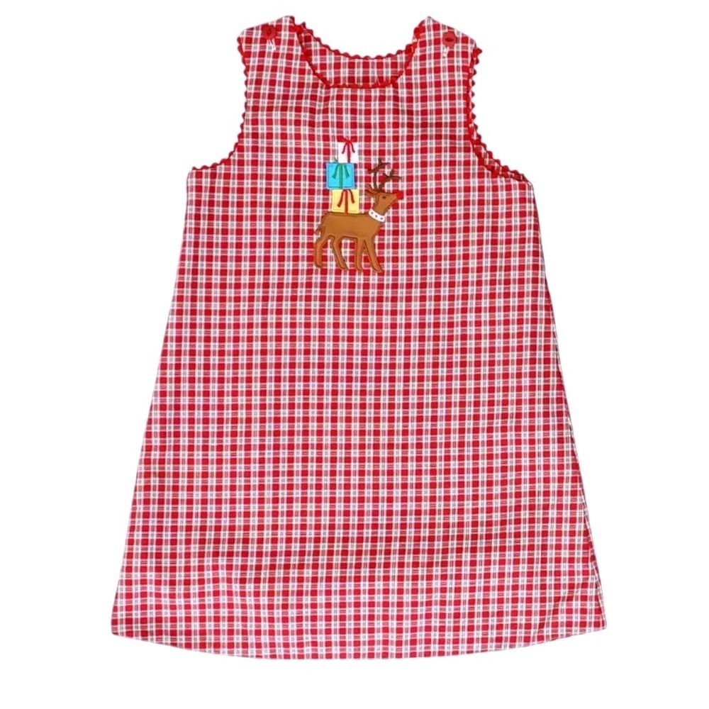 Girls Red Gingham Glorimont Christmas Reindeer Applique Dress Holiday Sz 5‎